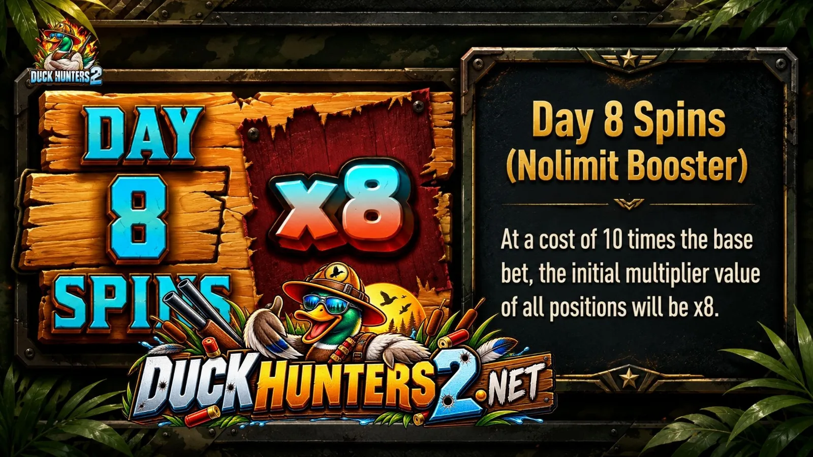 Duck Hunters 2 — Day 8 Spins (nolimit Booster) Duck Hunters 2 (Nolimit City, official screenshot)